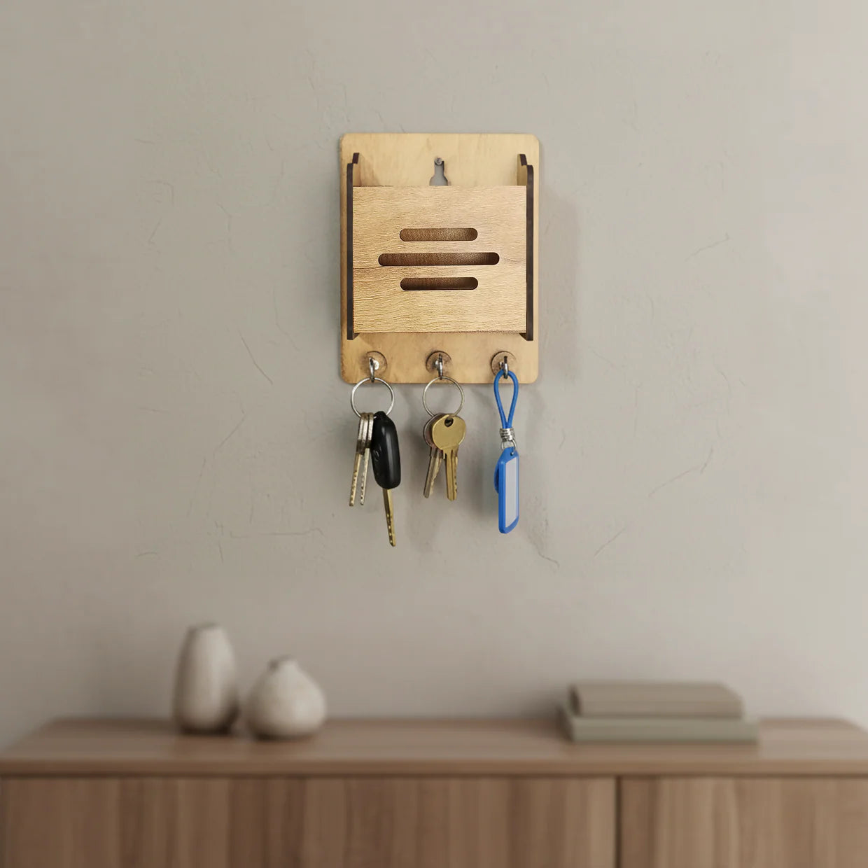 Wooden Key Holder with Mobile Stand | Minimal Home Entryway Decor